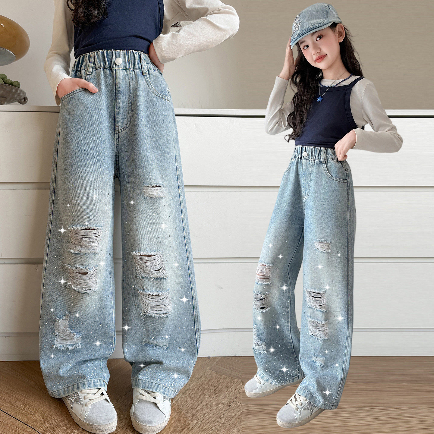 女童牛仔裤春季新款儿童洋气宽松阔腿裤中大童休闲直筒破洞裤子潮,童装/婴儿装/亲子装,儿童牛仔裤,淘宝优惠券,粉丝福利购,淘宝优惠卷