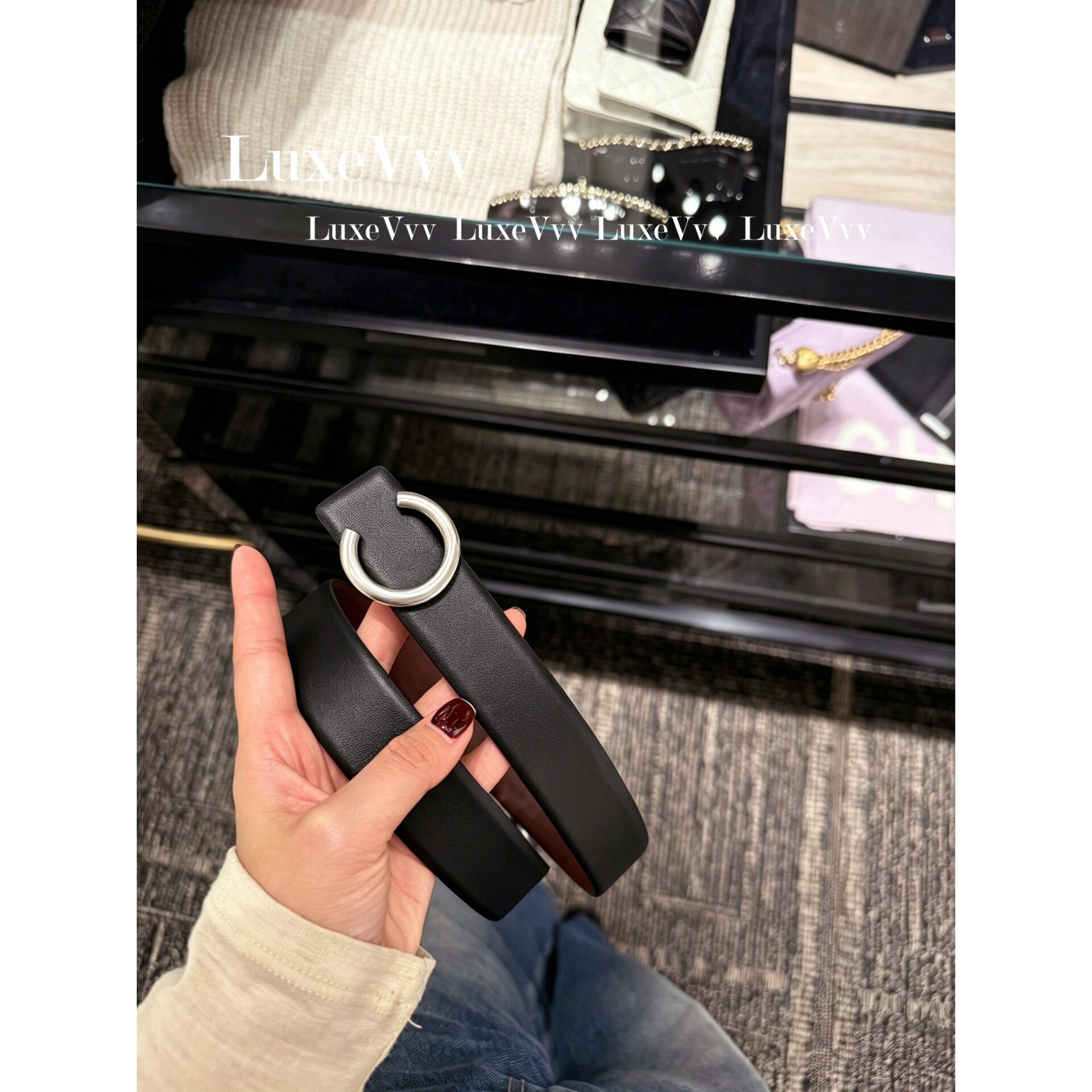 轻奢黑色皮质双面金属环扣女腰带