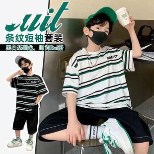 T恤宽松休闲体恤上衣百搭帅气潮 儿童条纹纯棉透气短袖 男童装 夏季