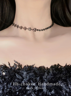 黑色玫瑰花朵项链简约ins风高级感choker锁骨链女颈链chocker项圈