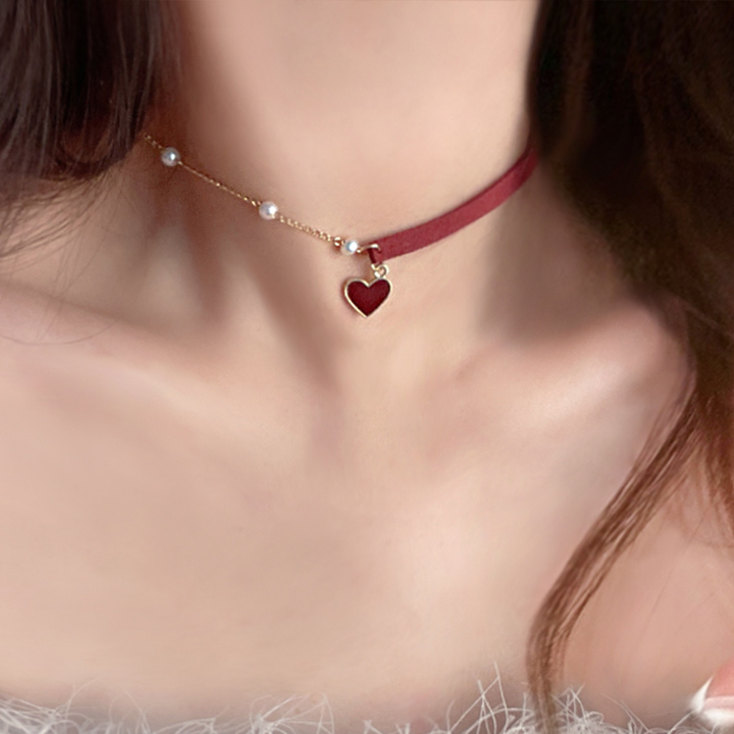 choker高级感锁骨链女红色爱心珍珠颈链项圈脖子配饰chocker项链