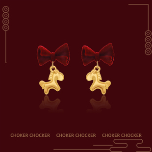 s925银针红色丝绒蝴蝶结金马耳钉本命年女款2025新年耳环过年耳饰