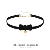 法式 蝴蝶结choker复古黑色丝绒颈链女项圈短款 项链女铃铛锁骨链