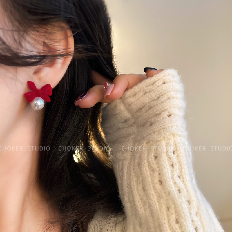 红色蝴蝶结珍珠无耳洞蚊香盘