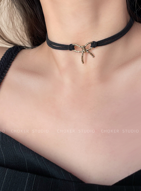 复古短款项链百搭黑色蝴蝶结颈链项圈choker锁骨链颈带女chocker