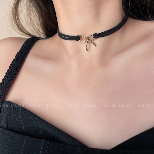 复古短款项链百搭黑色蝴蝶结颈链项圈choker锁骨链颈带女chocker