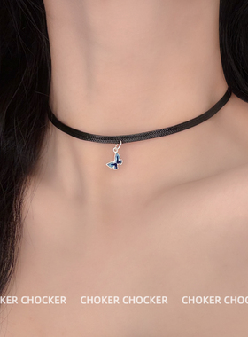 S925纯银蓝色蝴蝶锁骨链新款