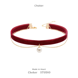 红色choker颈链项圈女颈带订婚敬酒服珍珠项链新娘chocker锁骨链