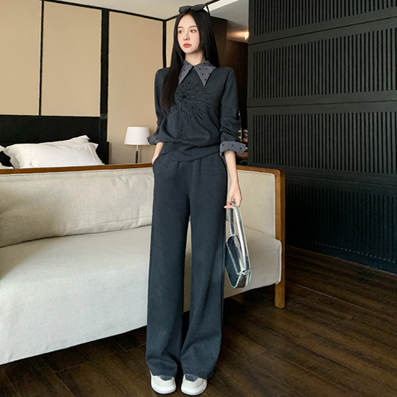 女春高级感拼接色烫钻订珠卫衣阔腿裤两件套