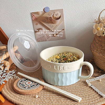 陶瓷泡面碗带把手带盖饭碗微波炉