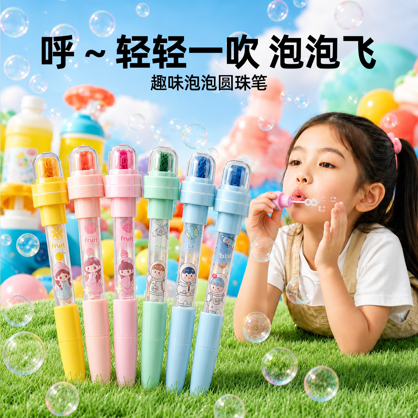五合一多功能泡泡笔学生魔术笔滚轮印章笔蜡笔高颜值女孩礼物网红画笔可以吹泡泡灯光笔创意卡通少女心发光笔图片