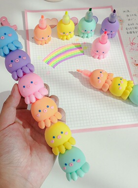 可爱拼接章鱼造型荧光笔八爪鱼彩色记号笔手账标记笔卡通超萌划重点学生用做笔记多色迷你淡色系大容量莹光笔