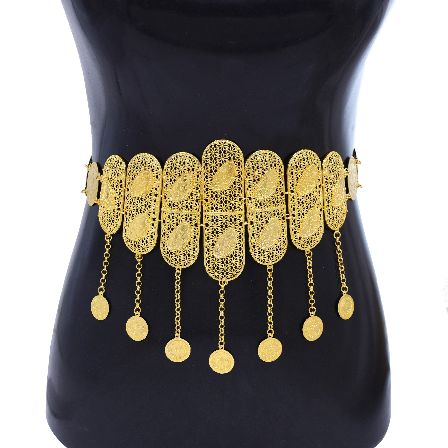 2026新款镂空金属钱币流苏腰链异域风情宽腰带时尚连衣裙收腰配饰