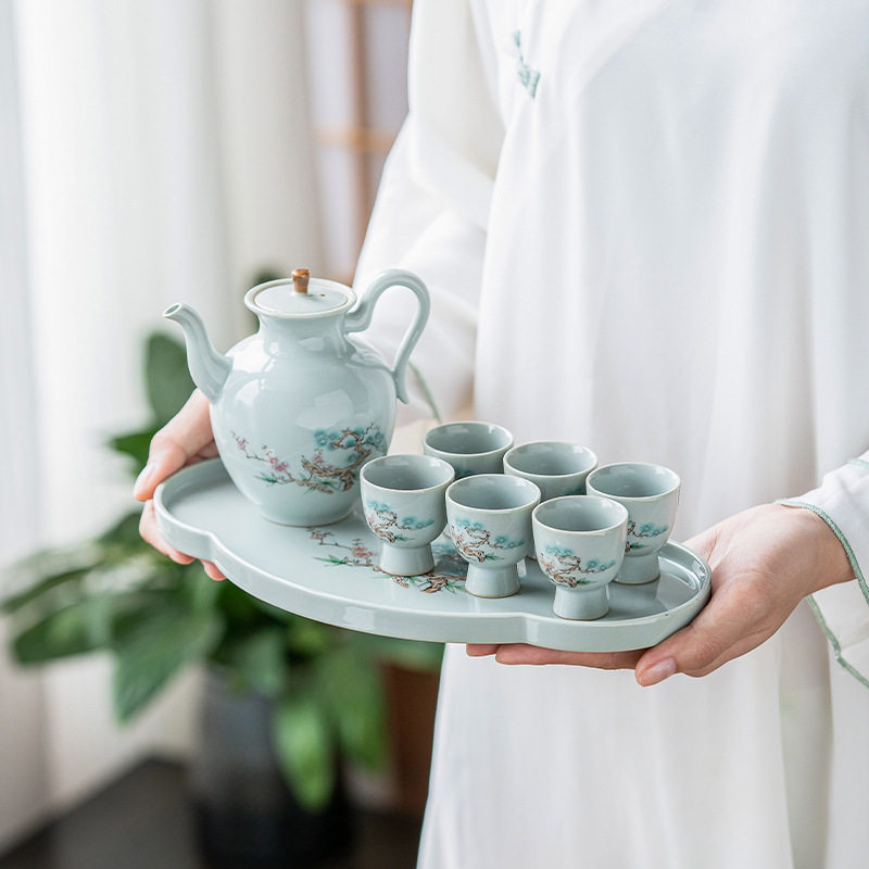 陶瓷复古酒壶带托盘酒具套装宫廷仿古风一口杯小白酒杯高档礼盒装