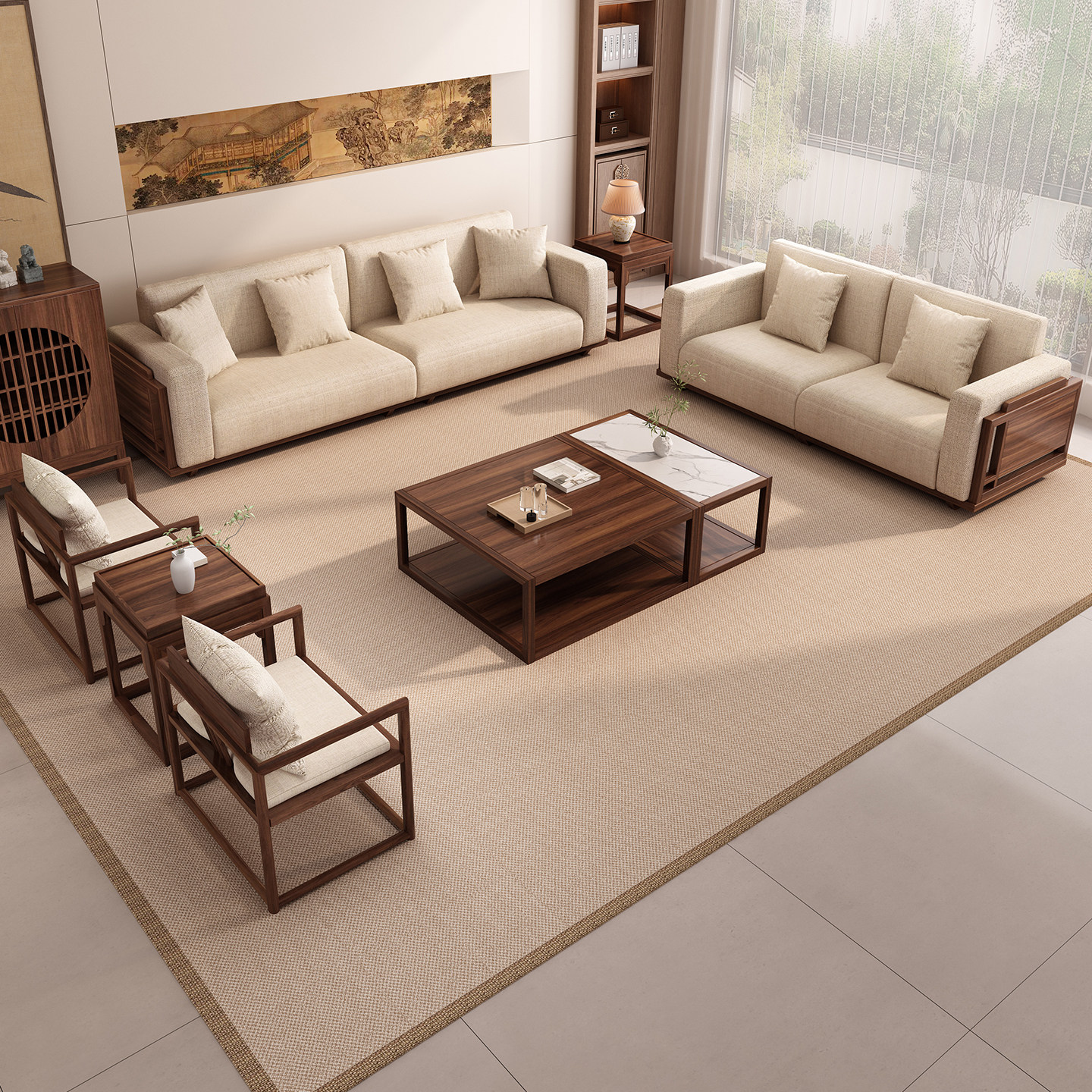 宋代美学新中式罗汉床实木布艺沙发茶几组合家用客厅轻奢禅意沙发