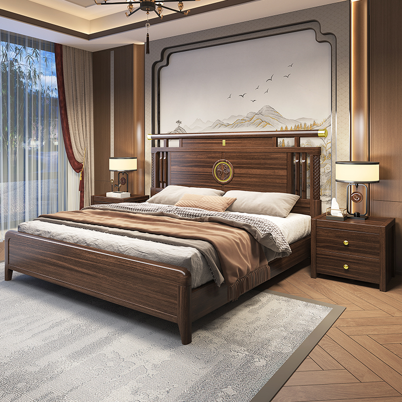 2024新款中式乌金木实木床主卧双人床1.8m轻奢高档加厚官帽家用床