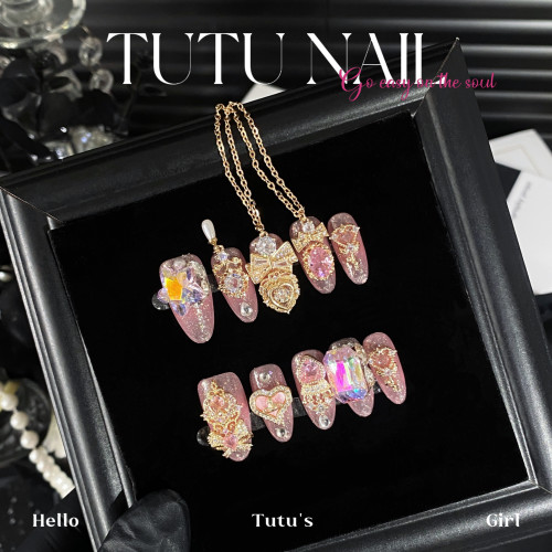 【粉黛】TUTU NAIL手工穿戴甲美短气质重工温柔粉色金花链条连指