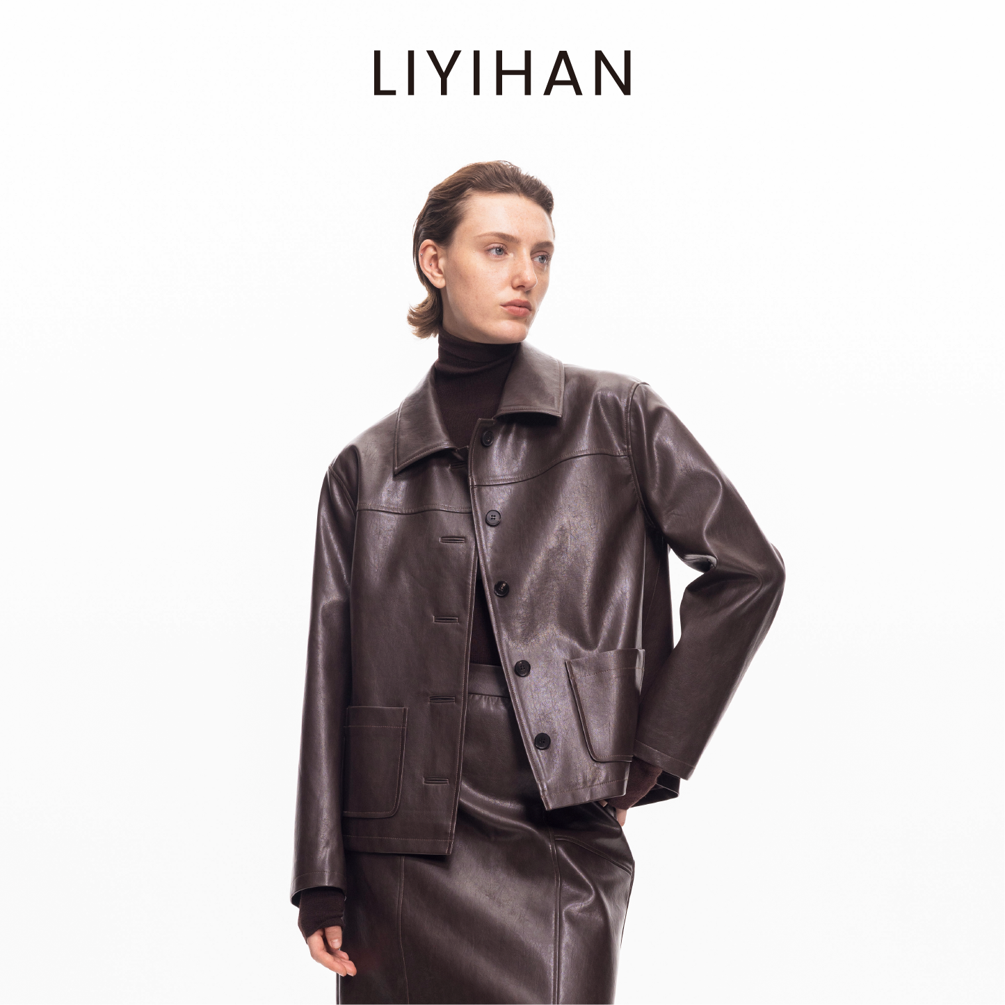 秋冬复古摩登皮衣外套女咖色夹克