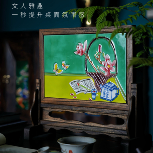 实木镶嵌瓷板画插屏中式桌面小屏风隔断茶台书房创意家居装饰摆件