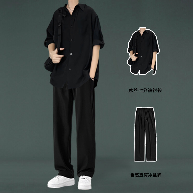 ins美式七分袖衬衫男生夏季休闲宽松潮痞帅男装一套搭配两件套装