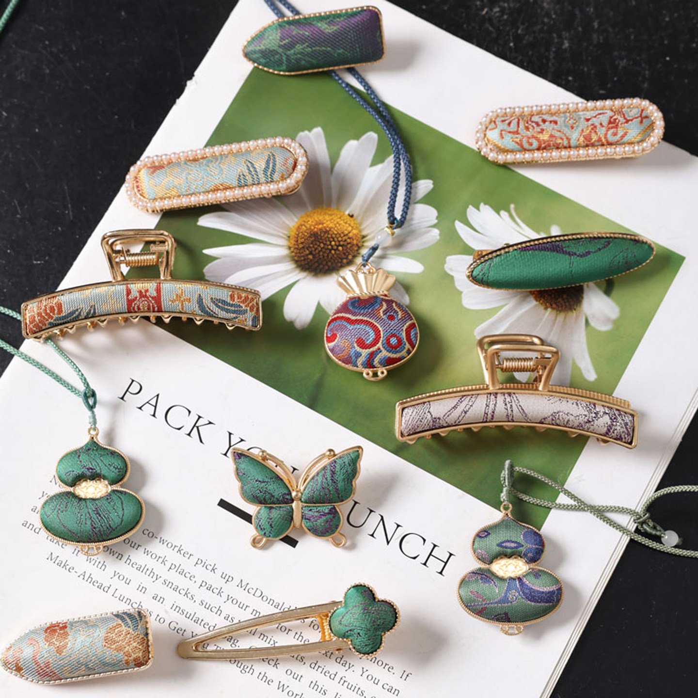 成品新中式古风宋锦发夹项链挂件古着胸针首饰国风饰品手工配饰