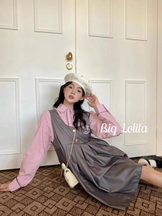 大萝莉大码微胖徽章背心西服裙加条纹衬衫学院风套装胖MM200斤