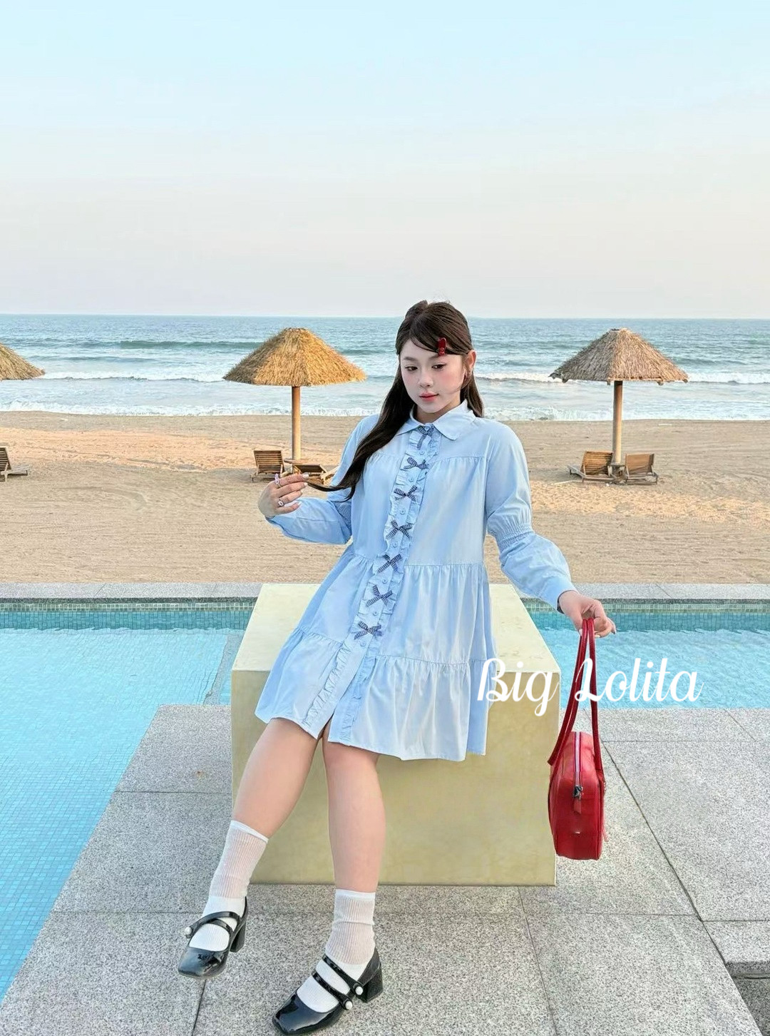 【安妮香草】大萝莉大码秋季蝴蝶结衬衫温柔风微胖连衣裙可爱胖MM图片