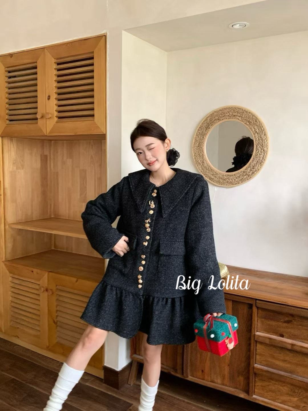 【巴黎雪夜】大码羽绒内胆连衣裙女微胖中长款毛呢外套加厚胖MM冬