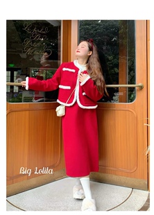 大萝莉大码红色订婚新年敬酒服长裙微胖呢子外套女秋冬两件套胖MM