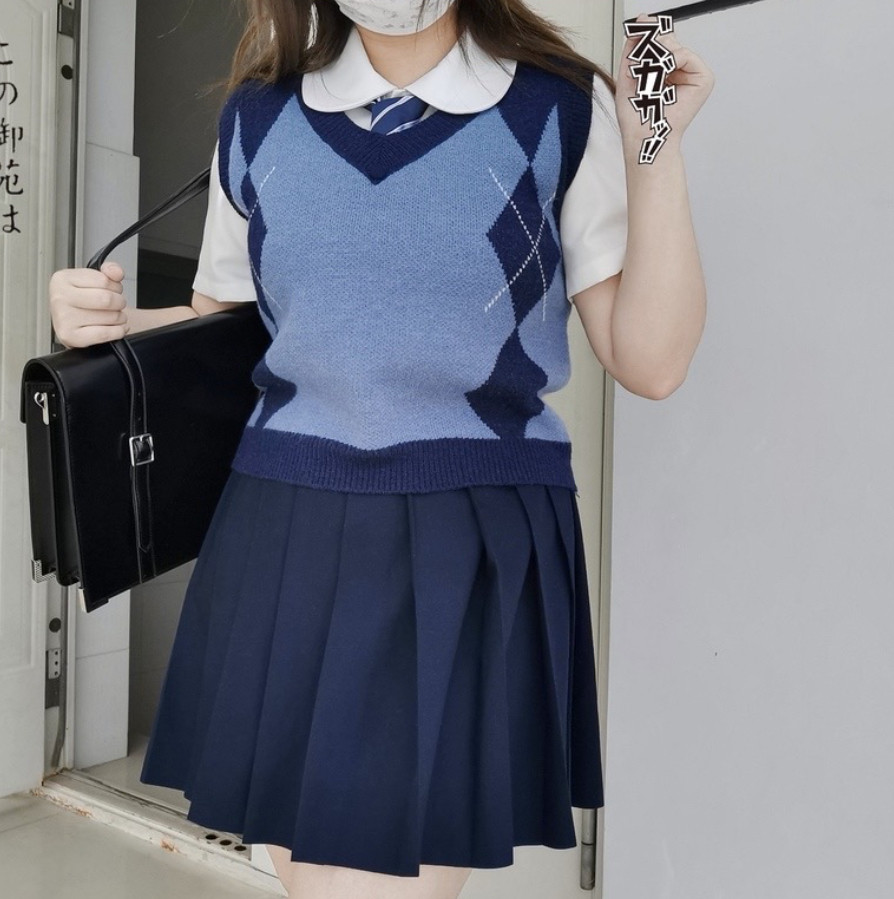 清仓!【秋日和】大码原创JK制服V领菱格针织背心马甲叠穿学院风