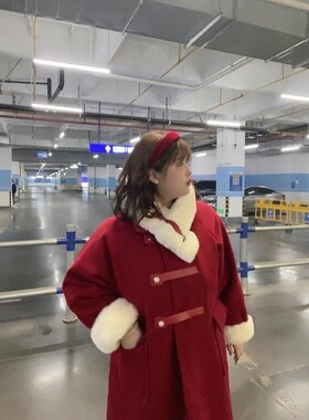 240斤可穿！大萝莉大码新年红毛呢大衣围脖可爱冬季外套胖MM200斤