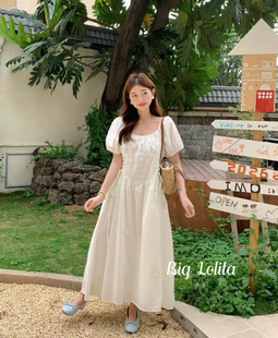 【晴岛桔梗】大码设计感绑带收腰显瘦微胖女夏季长款A字连衣裙200