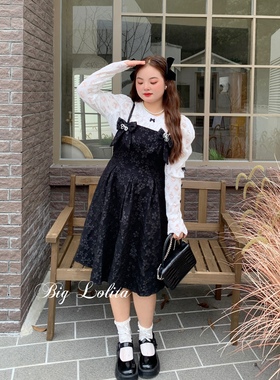 《波尔月色》大萝莉大码秋冬微胖提花蕾丝连衣裙两件套胖MM200斤