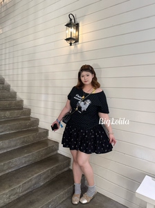 大码露肩韩版甜美可爱卡通印花短袖T恤女夏上衣蛋糕裙半身裙套装