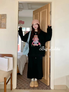 大码女装早秋韩系可爱卡通小狗印花宽松休闲圆领卫衣+半身裙胖MM