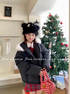 【熊耳棉服】大萝莉大码2023冬季新品甜美可爱熊帽子微胖毛领棉服