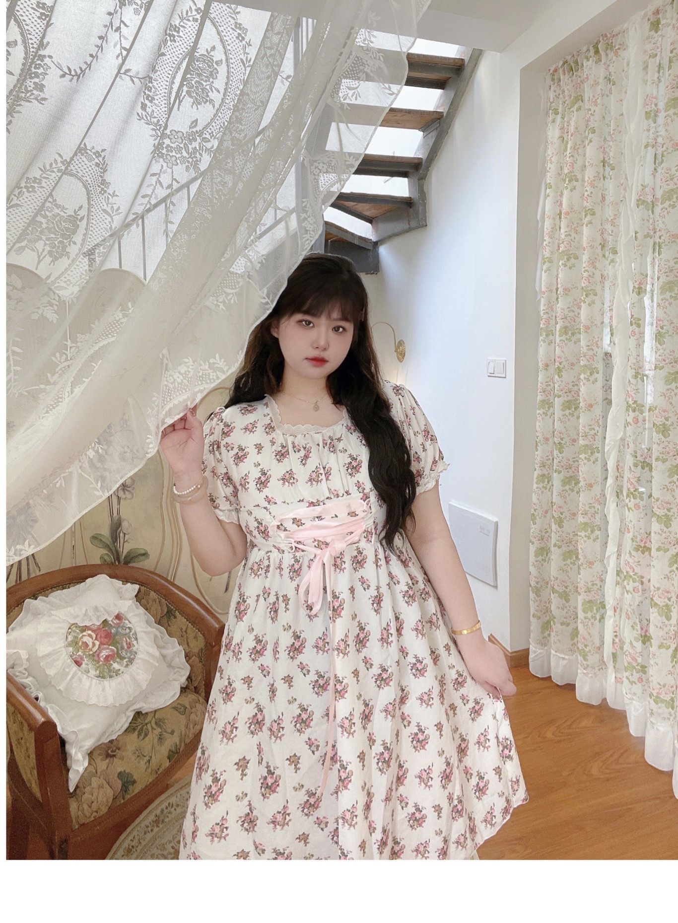 《夏日蔷薇》大码可爱法式公主仙女收腰长款碎花连衣裙200斤胖MM图片