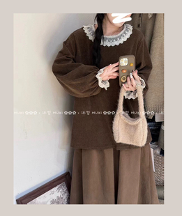 森系蕾丝花边大码女装胖mm秋冬加厚蕾丝花边拼接设计圆领长袖衬衫