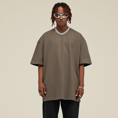 春夏巴家425g短袖男重磅纯棉纯色厚T恤宽松小领口美式落肩短袖潮