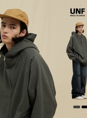 UNF450G重磅潮牌原创宽松纯棉毛圈拉链连帽卫衣外套男女2024秋冬