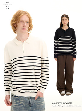 UNF 高智感撞色条纹舒适针织毛衣宽松半拉链POLO衫男女秋冬新款