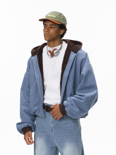 万事俱备|短款毛绒拉链外套25冬季新品ins潮牌街头撞色连帽卫衣男