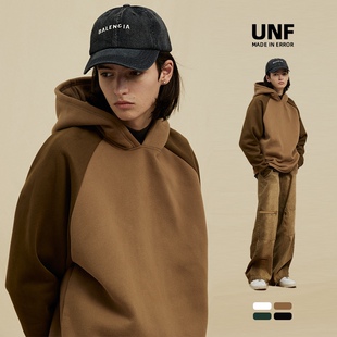 UNF原创潮牌360G重磅美式撞色插肩袖卫衣 秋冬加绒连帽卫衣男女