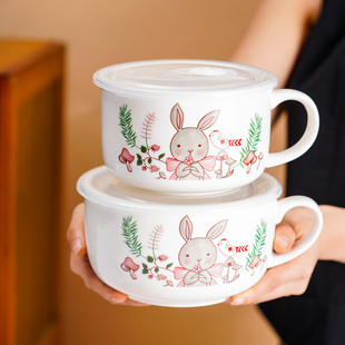 陶瓷泡面碗带盖带把手密封碗可微波炉高颜值学生宿舍碗手柄便当盒