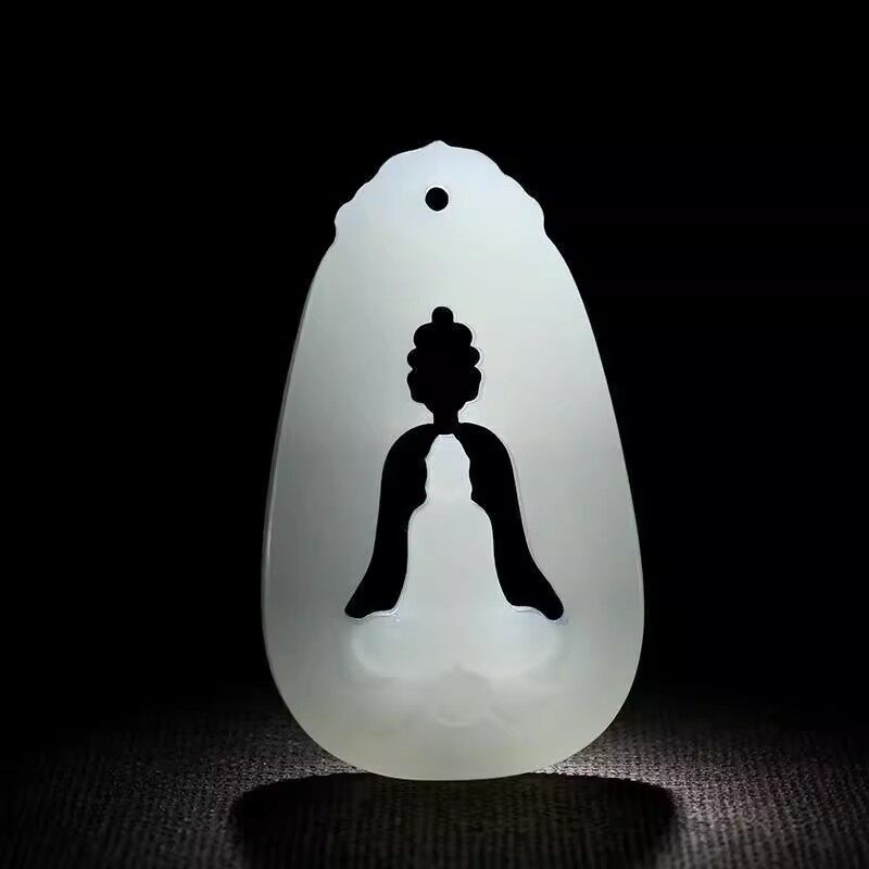 天然新疆昆仑玉白玉细料悟道佛玉石吊坠挂件男女情侣款玉坠玉佩