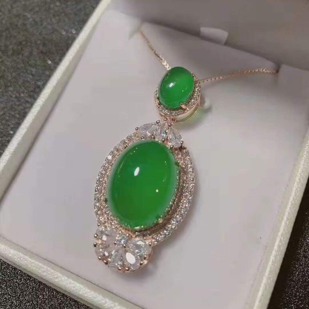 高冰镶嵌玫瑰金绿玉髓鸽子蛋吊坠女款玉髓宝石项链玉坠玉佩挂件