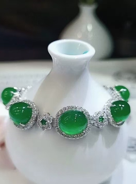 女绿玉髓925银镶嵌玉石手链手串