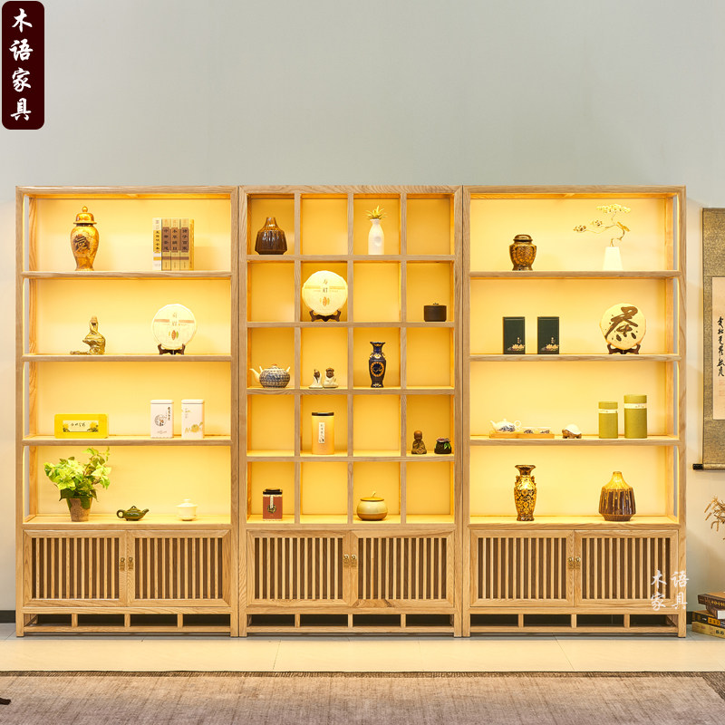 新中式白蜡木博古架茶楼茶庄茶叶展示柜多宝阁实木置物架古董架