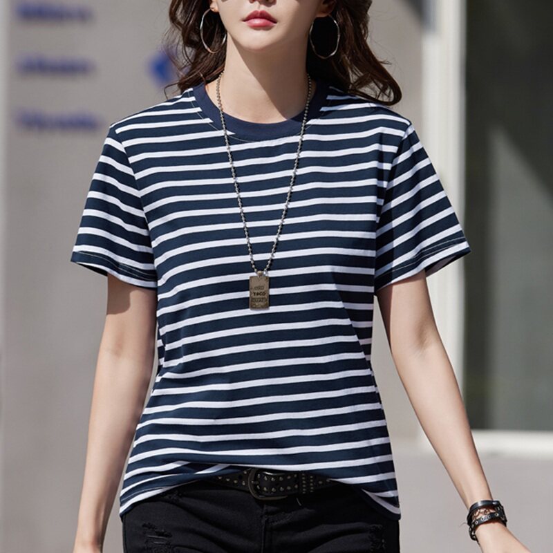 黑白条纹纯棉圆领t恤女2025春夏新款宽松百搭时尚休闲上衣打底衫