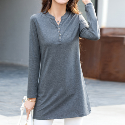 纯棉纽扣v领中长款打底衫女2025秋冬新款修身百搭时尚洋气上衣t恤